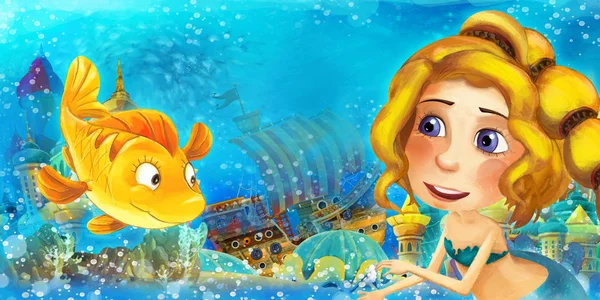 Cartoon ocean and the mermaid in underwater kingdom swimming and having fun - illustration for children — Stock Photo, Image