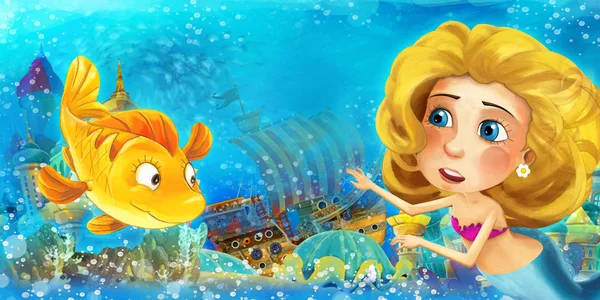 Scena Del Fumetto Con Principessa Sirena Nel Regno Subacqueo Che — Foto Stock