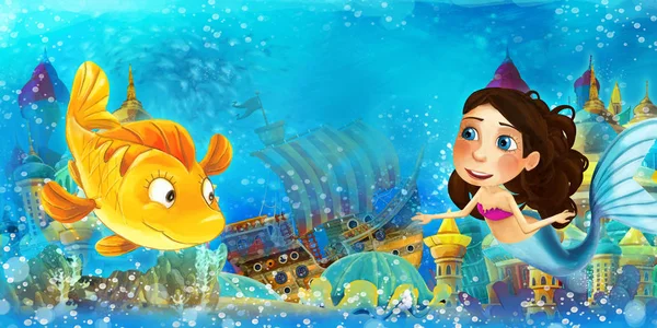 Oceano dei cartoni animati e la sirena nel regno sottomarino nuotare e divertirsi - illustrazione per bambini — Foto Stock