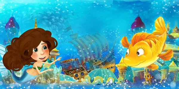 El océano de dibujos animados y la sirena en el reino submarino nadando y divirtiéndose - ilustración para niños — Foto de Stock