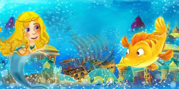 漫画の海と水中王国の水泳で人魚と楽しい-子供のためのイラスト — ストック写真
