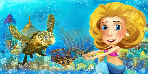 Cartoon ocean and the mermaid in underwater kingdom swimming and having fun - illustration for children