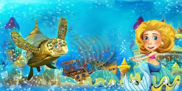Oceano dos desenhos animados e a sereia no reino subaquático nadando e se divertindo - ilustração para crianças — Fotografia de Stock