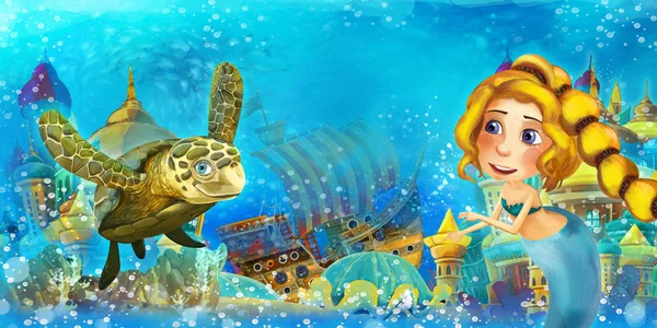 Cartoon ocean and the mermaid in underwater kingdom swimming and having fun - illustration for children — Stock Photo, Image