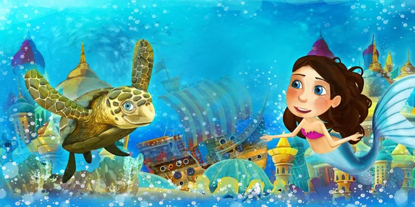 Tecknad ocean och sjöjungfrun i undervattensriket simma och ha kul - illustration för barn — Stockfoto