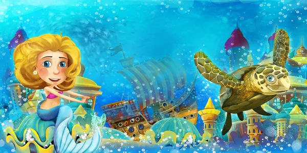 Karikatur Ozean und die Meerjungfrau im Unterwasserreich Schwimmen und Spaß haben - Illustration für Kinder — Stockfoto