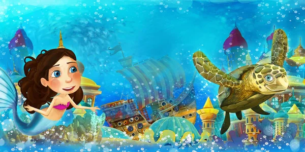 Cartoon ocean and the mermaid in underwater kingdom swimming and having fun - illustration for children