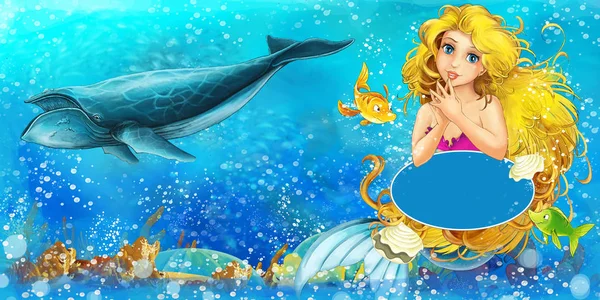 Zeichentrickszene mit Meerjungfrau-Prinzessin beim Schwimmen im Unterwasserreich in der Nähe einiger Fische mit Platz für Text - Illustration für Kinder — Stockfoto