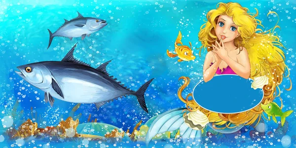 Escena de dibujos animados con princesa sirena nadando en el reino submarino cerca de algunos peces con espacio para el texto - ilustración para niños — Foto de Stock