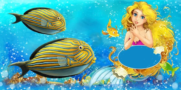 Zeichentrickszene mit Meerjungfrau-Prinzessin beim Schwimmen im Unterwasserreich in der Nähe einiger Fische mit Platz für Text - Illustration für Kinder — Stockfoto