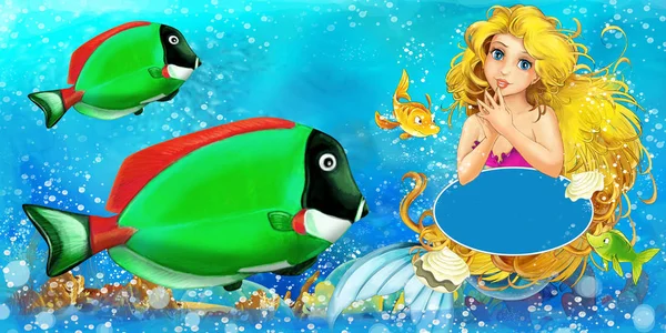 Zeichentrickszene mit Meerjungfrau-Prinzessin beim Schwimmen im Unterwasserreich in der Nähe einiger Fische mit Platz für Text - Illustration für Kinder — Stockfoto