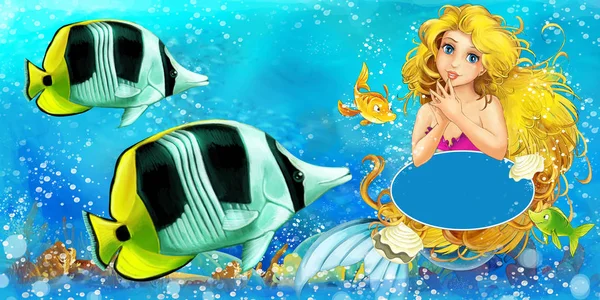 人魚姫がテキストのためのスペースを持ついくつかの魚の近くに水中王国で泳ぐ漫画シーン-子供のためのイラスト — ストック写真