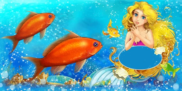 Escena de dibujos animados con princesa sirena nadando en el reino submarino cerca de algunos peces con espacio para el texto - ilustración para niños — Foto de Stock