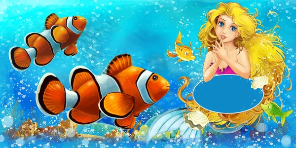 Scena kreskówki z syreną księżniczka pływanie w podwodnym królestwie w pobliżu niektórych ryb z miejsca na tekst - ilustracja dla dzieci — Zdjęcie stockowe