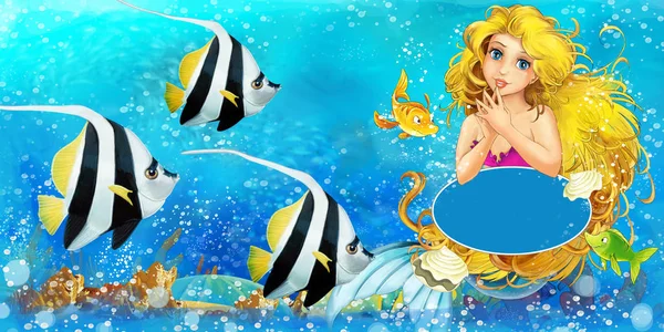 Zeichentrickszene mit Meerjungfrau-Prinzessin beim Schwimmen im Unterwasserreich in der Nähe einiger Fische mit Platz für Text - Illustration für Kinder — Stockfoto