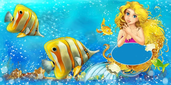 Escena de dibujos animados con princesa sirena nadando en el reino submarino cerca de algunos peces con espacio para el texto - ilustración para niños — Foto de Stock