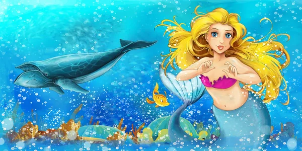 Мультяшная сцена с принцессой-русалкой, купающейся в подводном королевстве рядом с некоторыми рыбами - иллюстрация для детей — стоковое фото