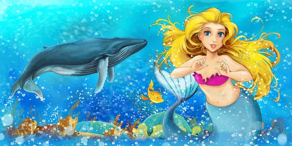 Cartoon scene with mermaid princess swimming in the underwater kingdom near some fishes - illustration for children — Stock Photo, Image