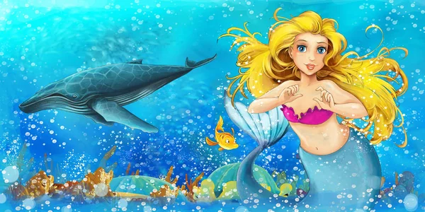 人魚姫がいくつかの魚の近くの水中王国で泳いでいる漫画シーン-子供のためのイラスト — ストック写真