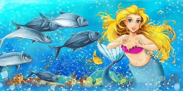 Denizkızı 'nın sualtı krallığında yüzdüğü karikatür sahnesi. Bazı balıkların yanında. Çocuklar için çizimler. — Stok fotoğraf