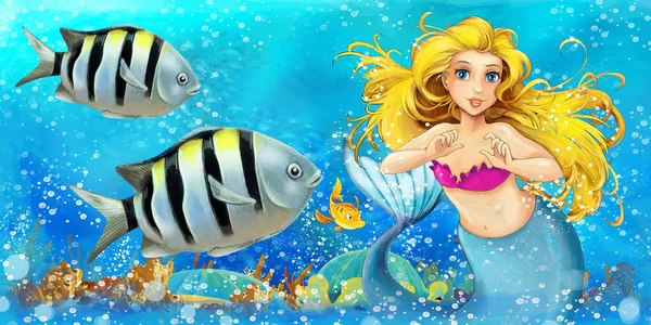 Cartoon scene with mermaid princess swimming in the underwater kingdom near some fishes - illustration for children — 스톡 사진