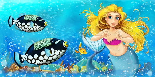 Escena de dibujos animados con princesa sirena nadando en el reino submarino cerca de algunos peces - ilustración para niños — Foto de Stock