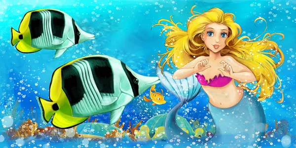 Denizkızı 'nın sualtı krallığında yüzdüğü karikatür sahnesi. Bazı balıkların yanında. Çocuklar için çizimler. — Stok fotoğraf