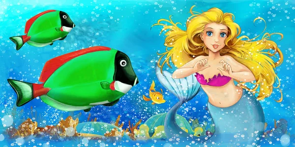 cartoon scene with mermaid princess swimming in the underwater kingdom near some fishes - illustration for children