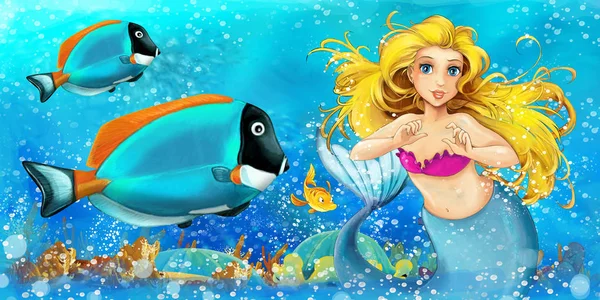 卡通片场景，美人鱼公主在水下王国靠近一些鱼的地方游泳。 — 图库照片