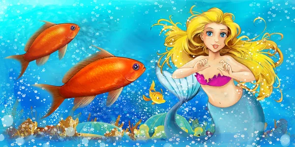 Scène de dessin animé avec la princesse sirène nageant dans le royaume sous-marin près de certains poissons illustration pour les enfants — Photo