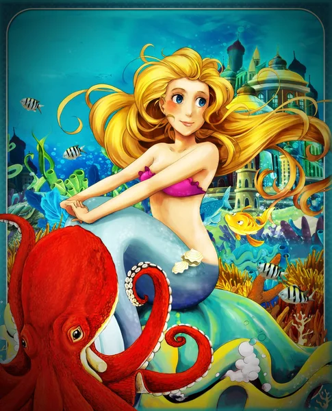 Zeichentrickszene mit Meerjungfrau-Prinzessin auf großer Muschel im Unterwasserreich mit Fischen - Illustration für Kinder — Stockfoto