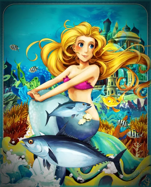 Escena de dibujos animados con la princesa sirena sentado en la concha grande en el reino submarino con los peces - ilustración para los niños — Foto de Stock