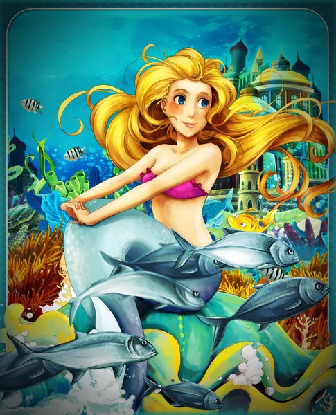 Scène de dessin animé avec la princesse sirène assise sur une grosse coquille dans le royaume sous-marin avec des poissons illustration pour les enfants — Photo