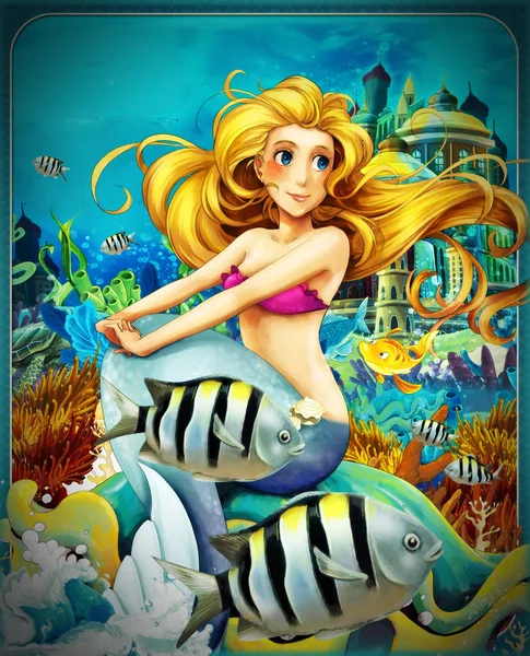 Escena de dibujos animados con la princesa sirena sentado en la concha grande en el reino submarino con los peces - ilustración para los niños — Foto de Stock