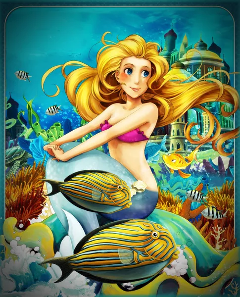 Scène de dessin animé avec la princesse sirène assise sur une grosse coquille dans le royaume sous-marin avec des poissons illustration pour les enfants — Photo