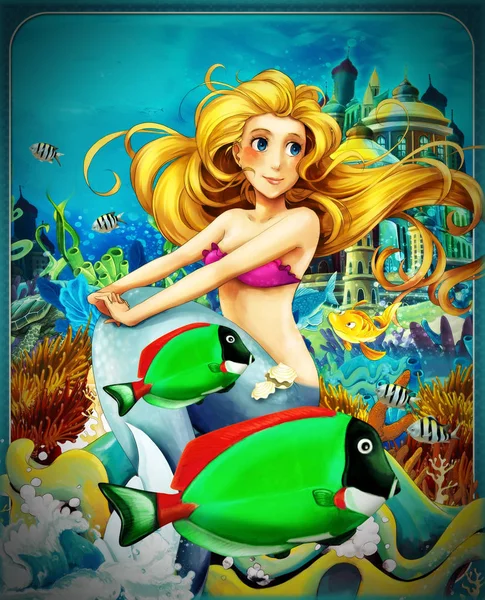 Cartoon scene with mermaid princess sitting on big shell in underwater kingdom with fishes - illustration for children — Stock Photo, Image