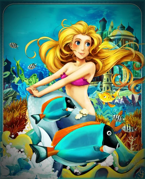 Cartoon scene with mermaid princess sitting on big shell in underwater kingdom with fishes - illustration for children — Stock Photo, Image