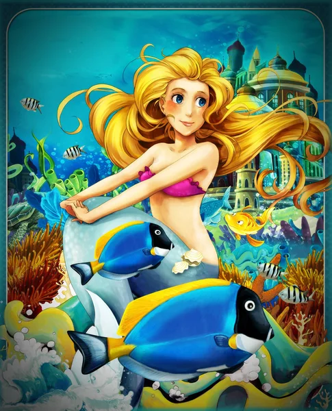 Cartoon scene with mermaid princess sitting on big shell in underwater kingdom with fishes - illustration for children — Stock Photo, Image