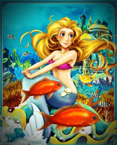 Escena de dibujos animados con la princesa sirena sentado en la concha grande en el reino submarino con los peces - ilustración para los niños — Foto de Stock