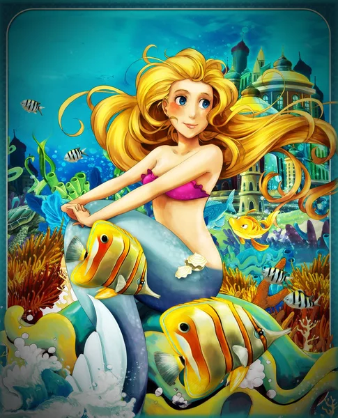 Escena de dibujos animados con la princesa sirena sentado en la concha grande en el reino submarino con los peces - ilustración para los niños — Foto de Stock