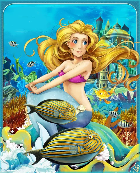人魚姫が魚と水中王国の大きなシェルに座っている漫画シーン-子供のためのイラスト — ストック写真