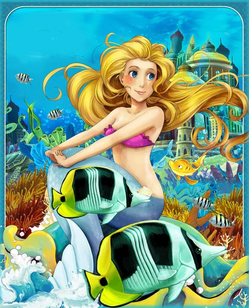 卡通片场景，美人鱼公主坐在水下王国的大贝壳上，带着鱼- -儿童图解 — 图库照片