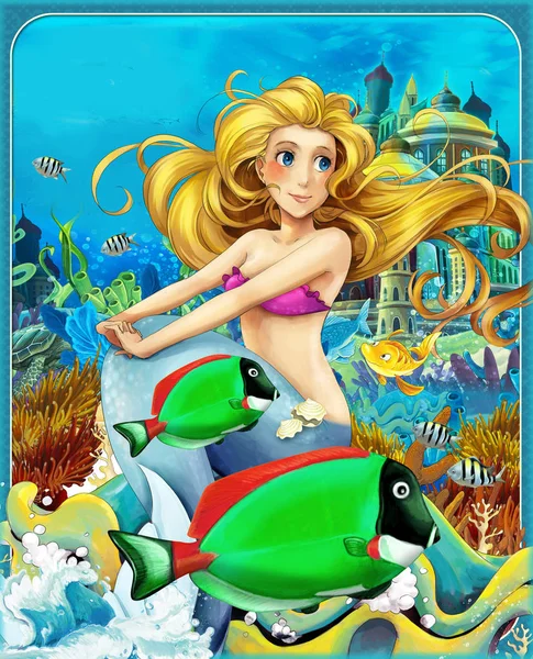 卡通片场景，美人鱼公主坐在水下王国的大贝壳上，带着鱼- -儿童图解 — 图库照片