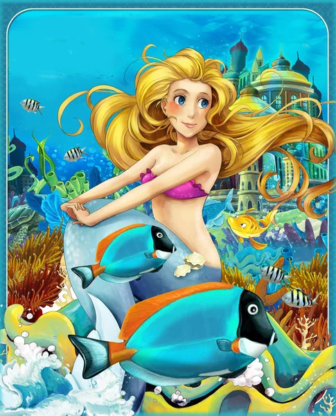 Cena dos desenhos animados com sereia princesa sentado em grande concha no reino subaquático com peixes - ilustração para crianças — Fotografia de Stock