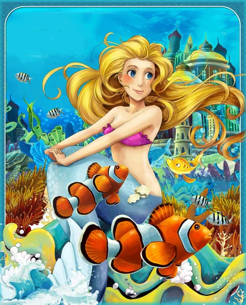 cartoon scene with mermaid princess sitting on big shell in underwater kingdom with fishes - illustration for children