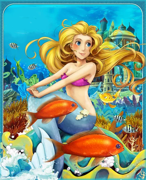 Cena dos desenhos animados com sereia princesa sentado em grande concha no reino subaquático com peixes - ilustração para crianças — Fotografia de Stock