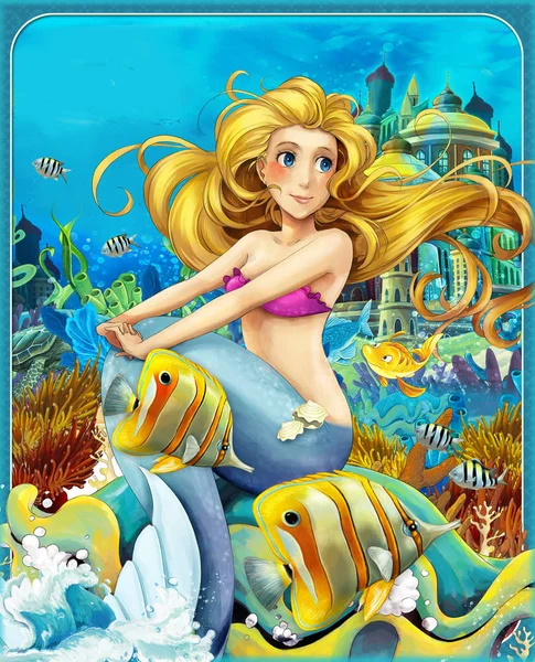 Scène de dessin animé avec la princesse sirène assise sur une grosse coquille dans le royaume sous-marin avec des poissons illustration pour les enfants — Photo
