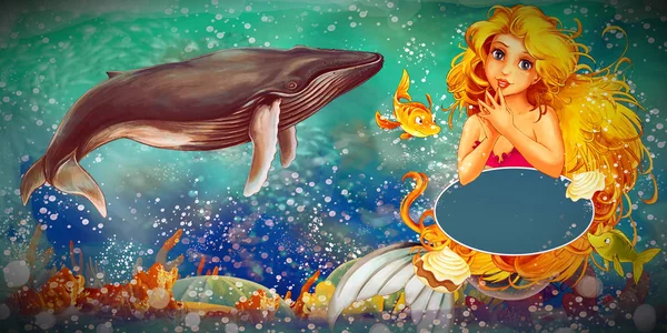 Cartoon scene with mermaid princess swimming in the underwater k — Stock Photo, Image
