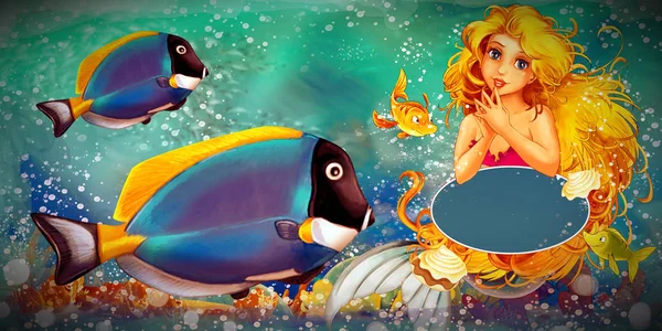 Cena dos desenhos animados com sereia princesa nadando no submarino k — Fotografia de Stock