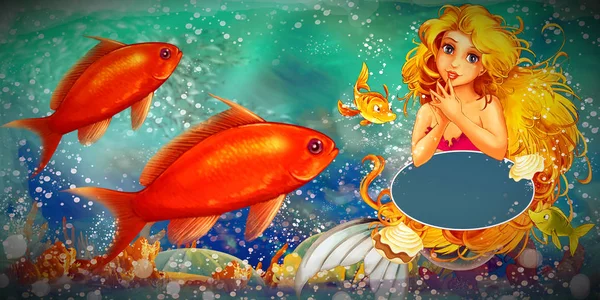 卡通片，美人鱼公主在水里游泳 — 图库照片